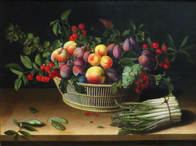Martwa natura z koszem owoców i pęczkiem szparagów, Louise Moillon, śliwki, brzoskwinie, wiśnie.
