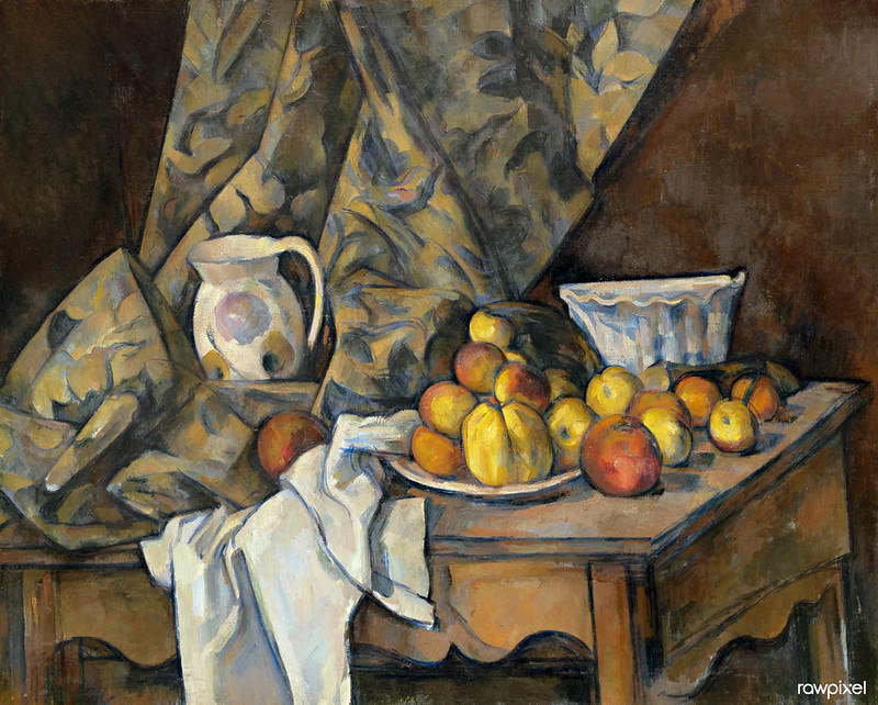 Martwa natura z jabłkami i brzoskwiniami, Paul Cezanne, owoce na stole, porcelanowe naczynia.