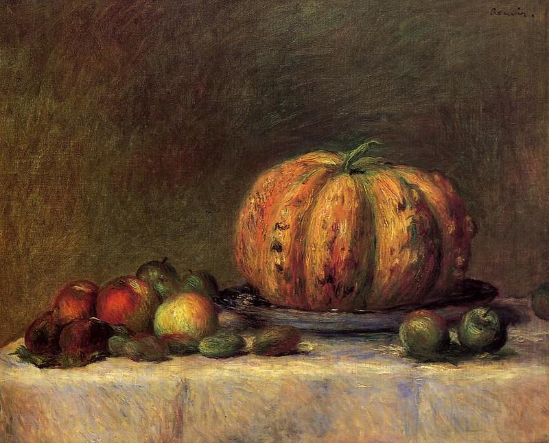 Martwa natura z owocami 1882r., Pierre Auguste Renoir, dynia, owoce, obrus.