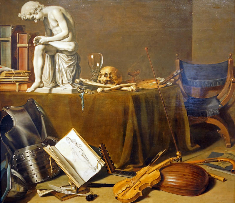 Martwa natura vanitas, Pieter Claesz, obraz, sztuka, rzeźba, instrumenty muzyczne, rysunek, czaszka.