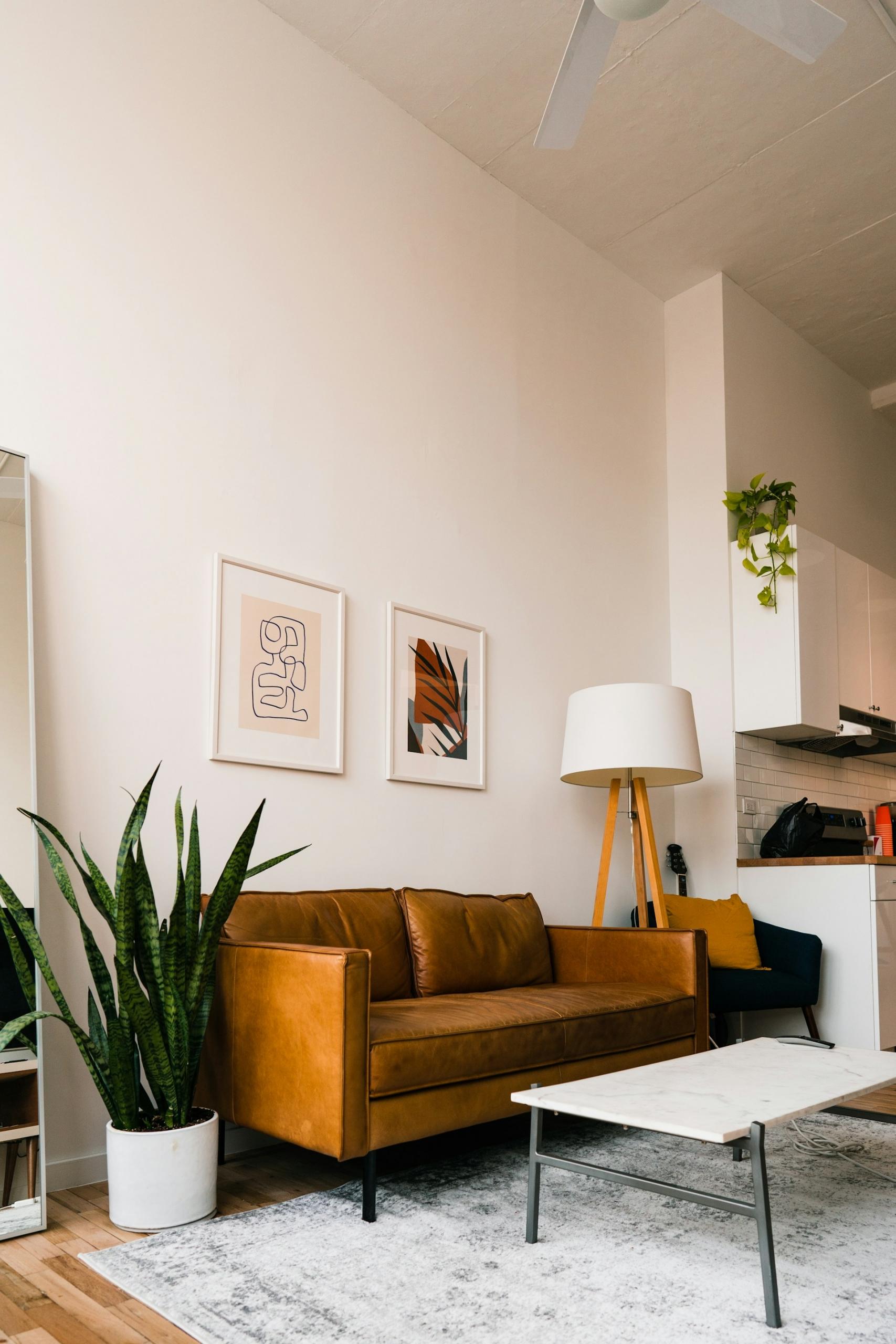pokój, brązowa sofa, zielony kwiat, obraazy, lampa, stół, minimalistyczny wystrój