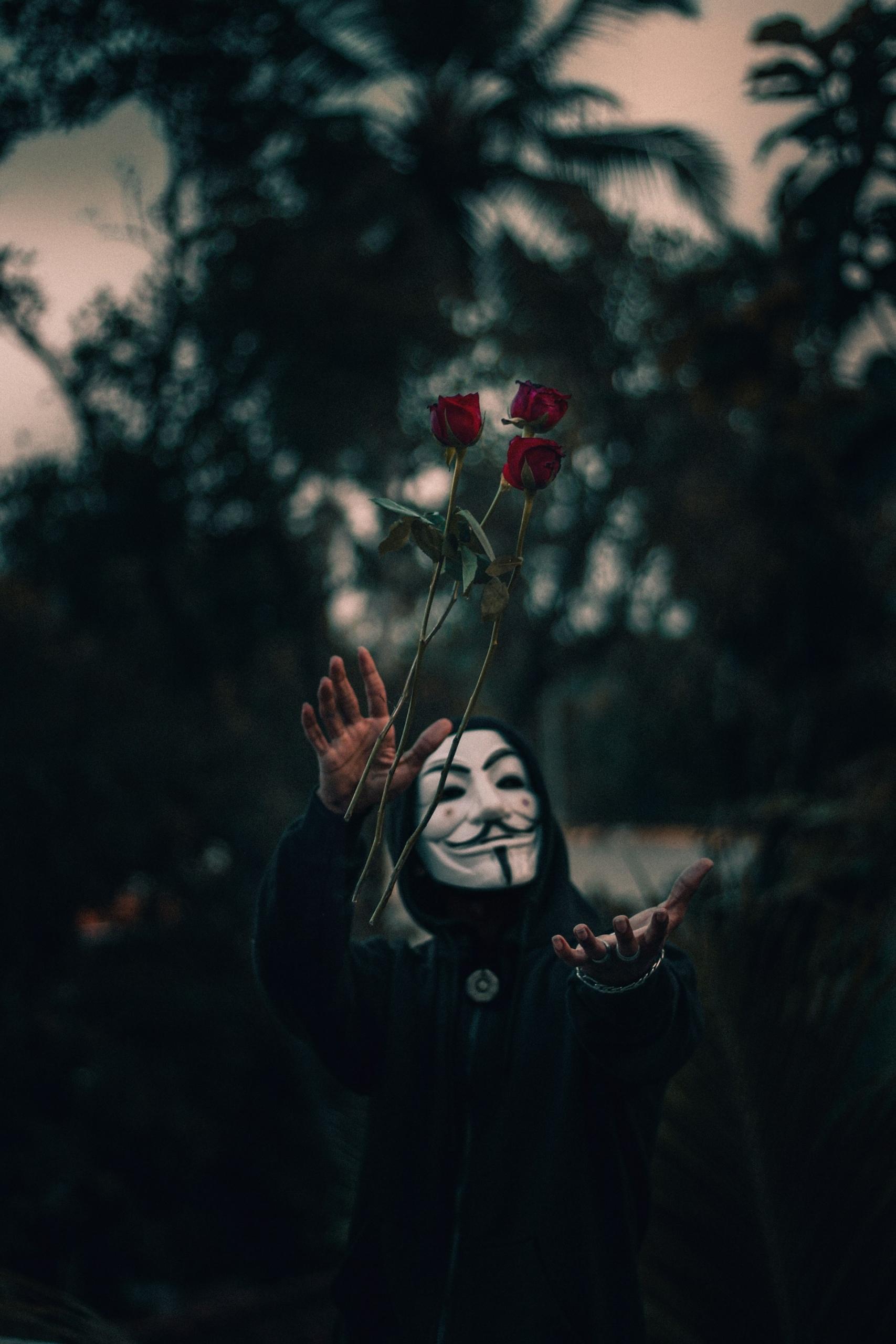Mężczyzna w masce Anonymous podrzucający do góry czerwone róże w parku.