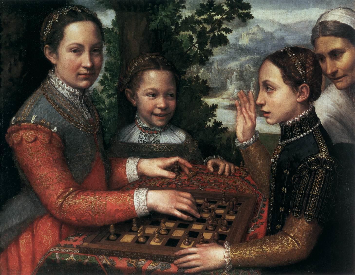 The Chess Game, Sofonisba Anguissola, trzy dziewczynki przy szachownicy i czuwająca nad nimi opiekunka.