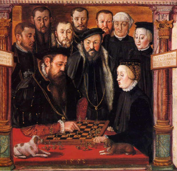 Albrecht and Anna Playing Chess, Hans Muelich, kobieta i mężczyzna grają w szachy, wśród widzów tylko jedna kobieta w czarnym nakryciu głowy.