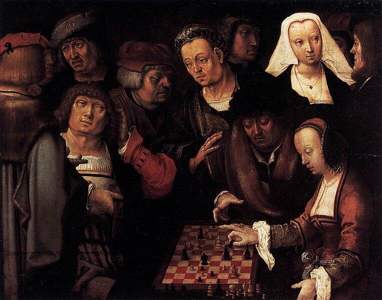 The Game of Chess, Lucas van Leyden, mężczyzna i kobieta grają w szachy, wśród widzów tylko jedna kobieta w białym czepcu.