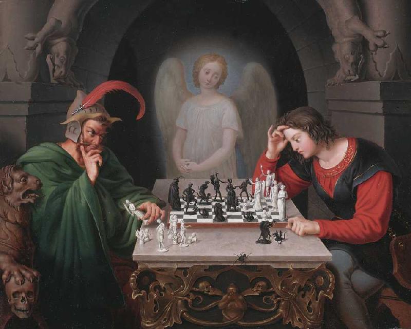 Die Schachspieler, Frederich August Moritz Retzsch, demon w zielonym płaszczu gra w szachy z mężczyzną w czerwonej koszuli, nad nimi czuwa anioł.