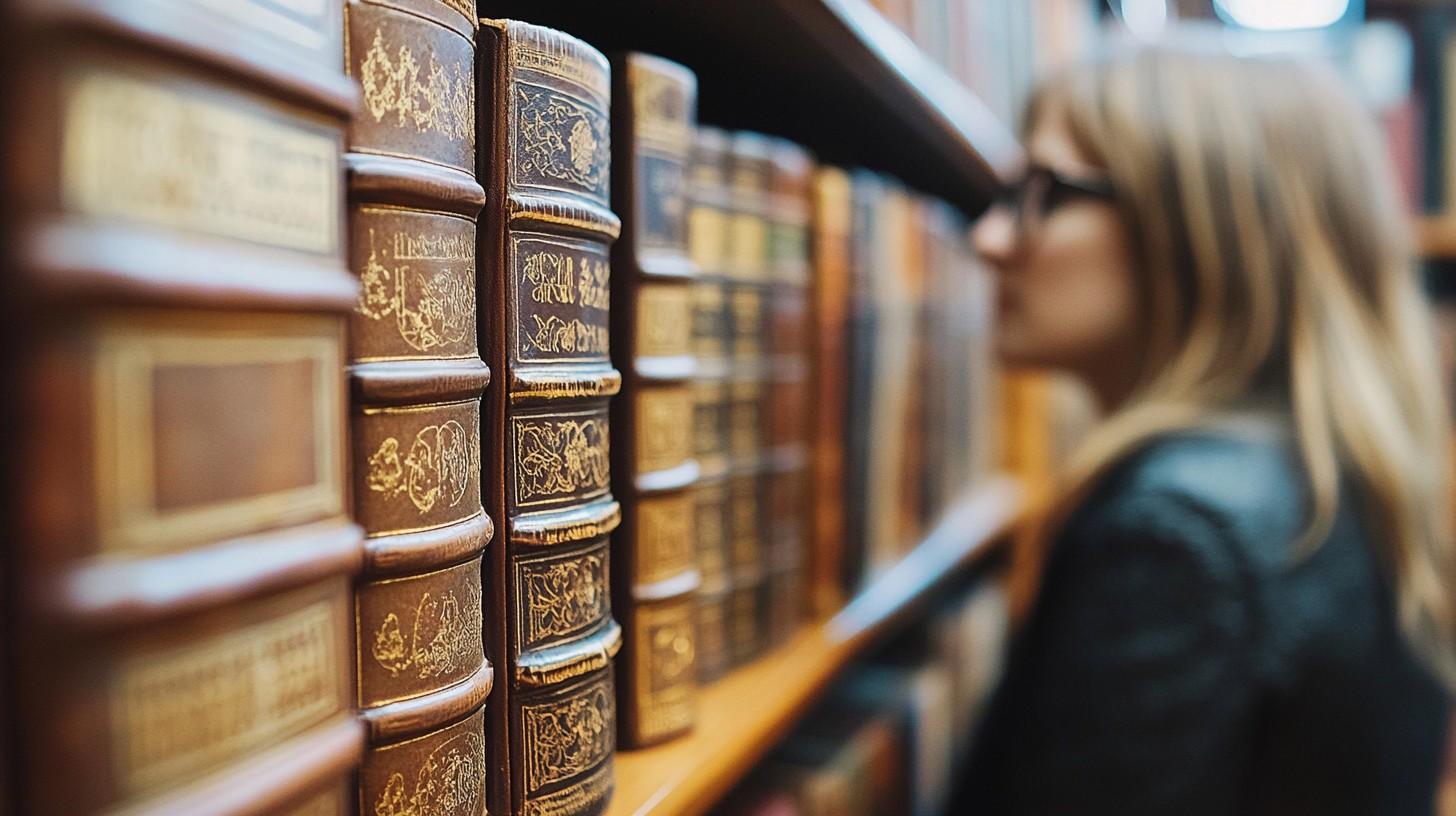 regały z książkami, kobieta przeglądająca książki, blond włosy, okulary