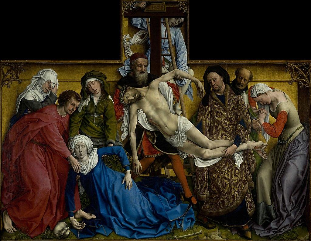 Zdjęcie z krzyża, Rogier van der Weyden, kobiety i mężczyźni zdejmujący Jezusa z krzyża.