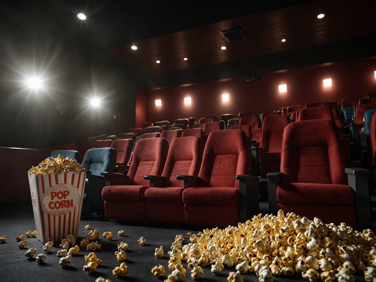 kino, popcorn na pierwszym planie, popcorn wysypany na ziemi, światła w tle