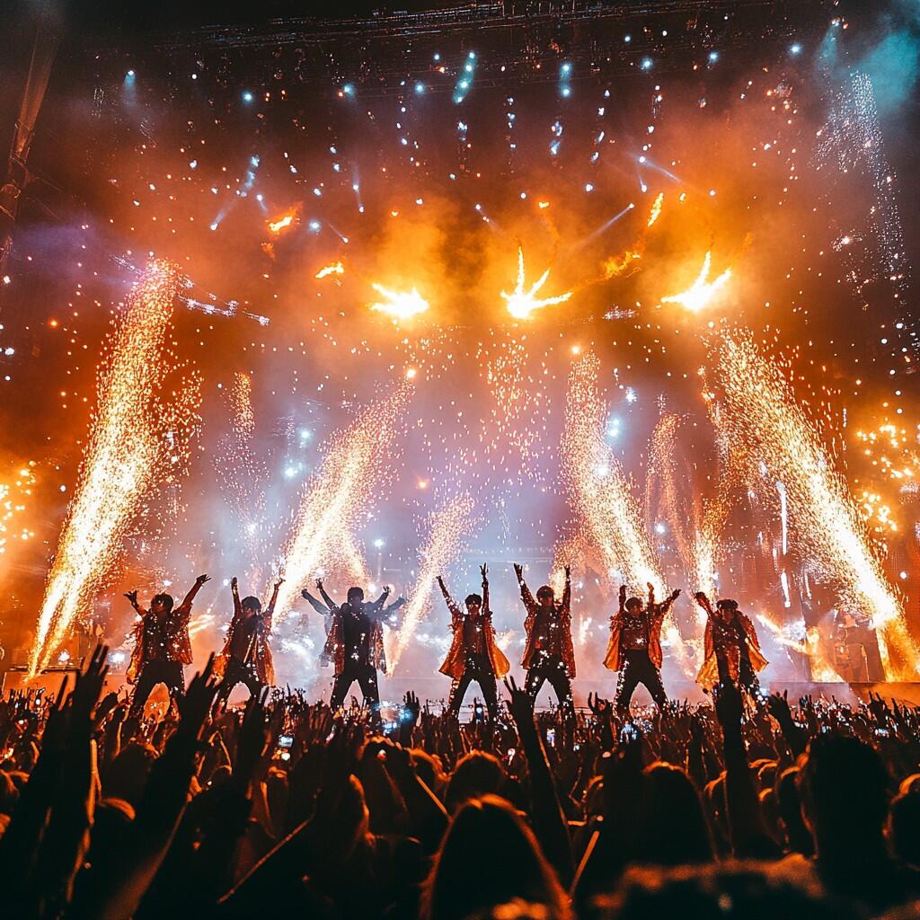 boysband na scenie, światła, tłum i fajerwerki
