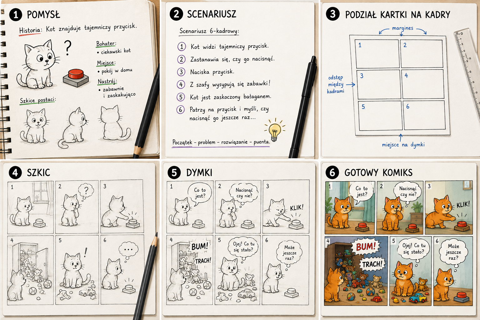 Planowanie komiksu — szkic rozmieszczenia kadrów, postaci i dymków na kartce