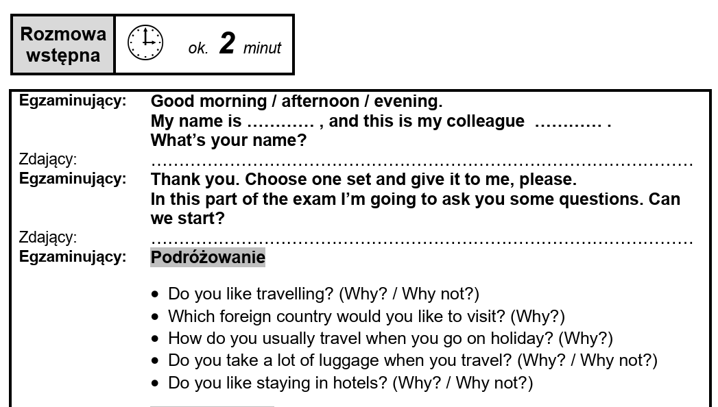 Scenariusz rozmowy do części egzaminu poświęconej podróżom, zawierający zwroty wprowadzające oraz pytania związane z podróżowaniem w języku angielskim i polskim.
