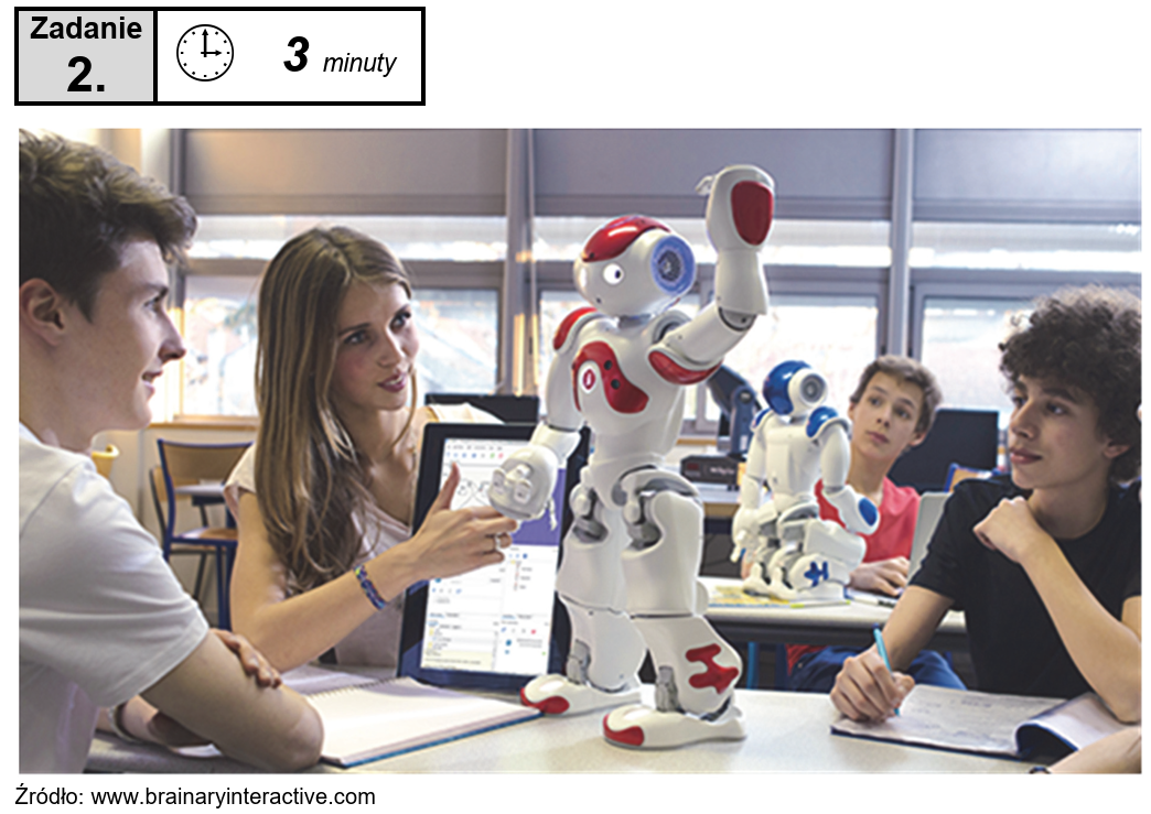 Zadanie maturalne ze zdjęciem: Uczniowie w klasie wchodzą w interakcję z robotami humanoidalnymi, robiąc notatki i korzystając z laptopów.