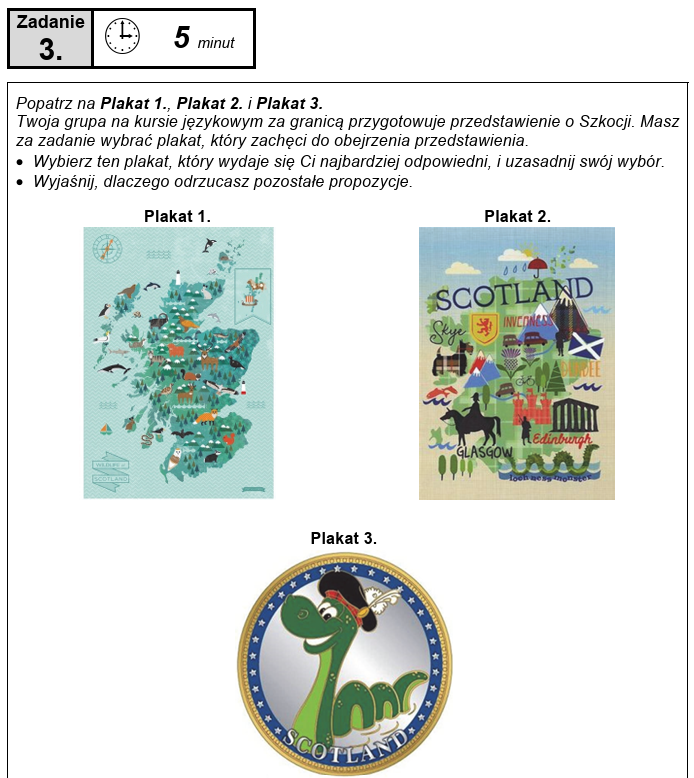 Trzy plakaty poświęcone Szkocji: 1) szczegółowa mapa z ilustracjami, 2) kolorowa kompozycja przedstawiająca zabytki i symbole, 3) rysunkowa postać potwora z Loch Ness w okrągłej ramce.