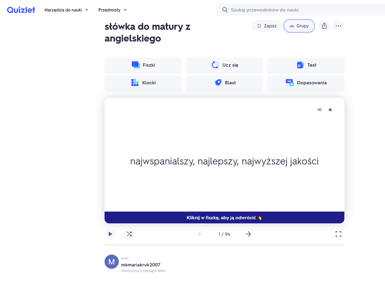 Zrzut ekranu z aplikacji Quizlet, która pomaga w nauce słówek np. angielskich