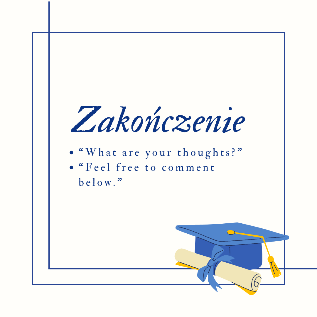 Jasne tło a na nim przykładowe zakończenia tekstu blogowego lub wpisu na forum, w prawym rogu czapka maturzysty