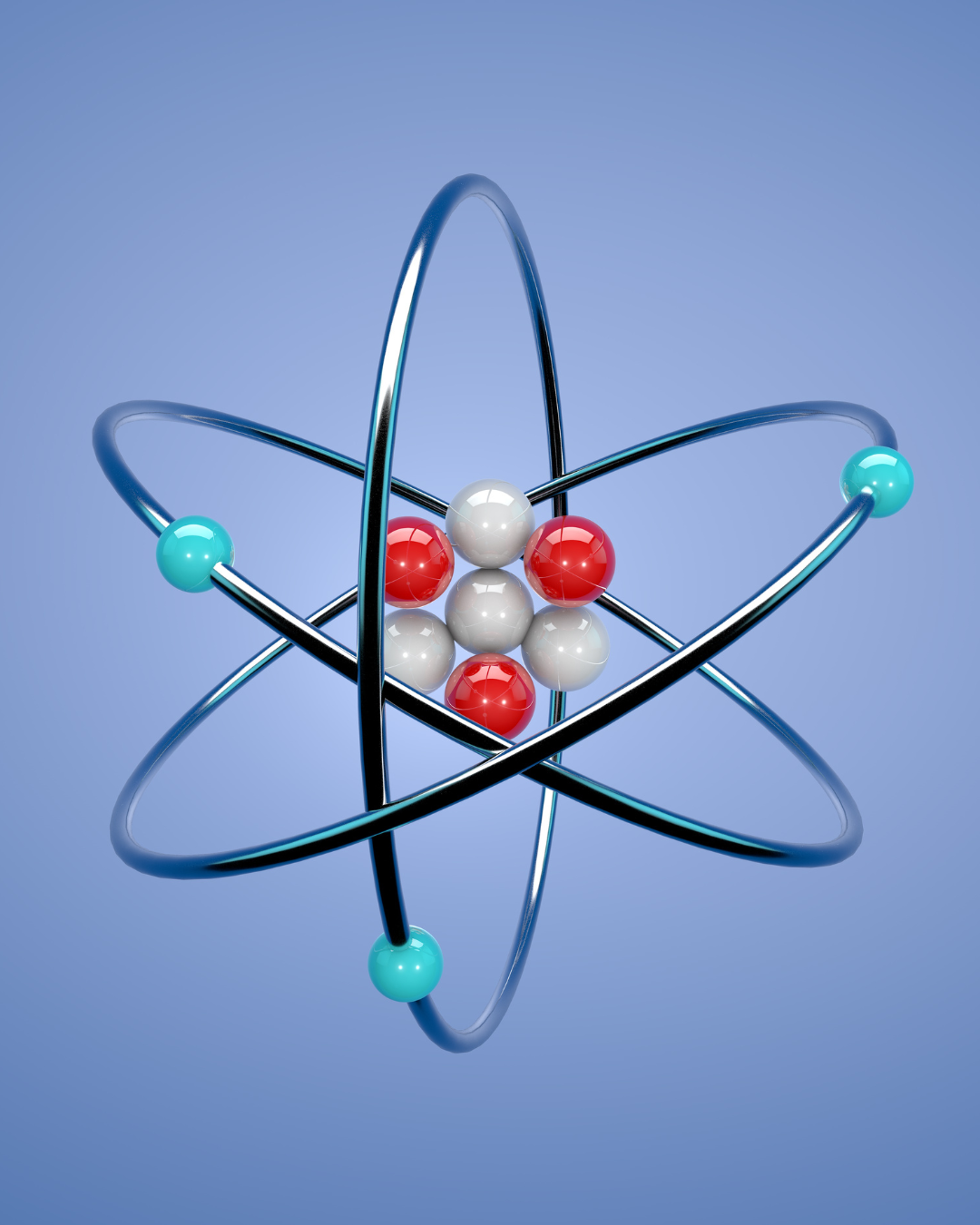 Ilustracja 3D modelu atomu przedstawiająca jądro złożone z czerwonych i szarych cząstek oraz niebieskie elektrony krążące po metalowych pętlach.