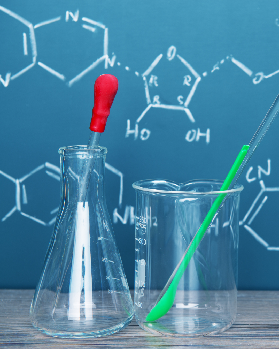 Dwa przezroczyste naczynia laboratoryjne: kolba z czerwoną pipetą i zlewka z zielonym mieszadłem, ustawione przed tablicą z wzorami chemicznymi.