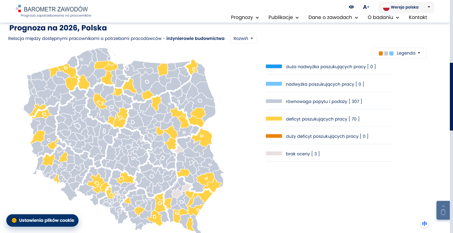 Mapa zapotrzebowania na inżynierów budownictwa w Polsce.