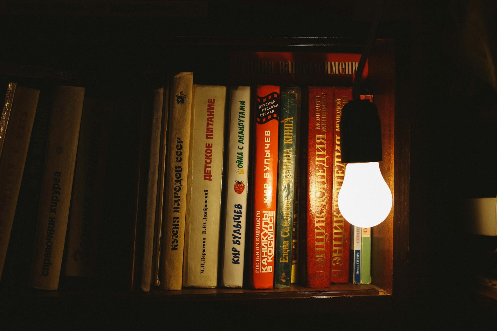 estante com livros e uma lâmpada acesa