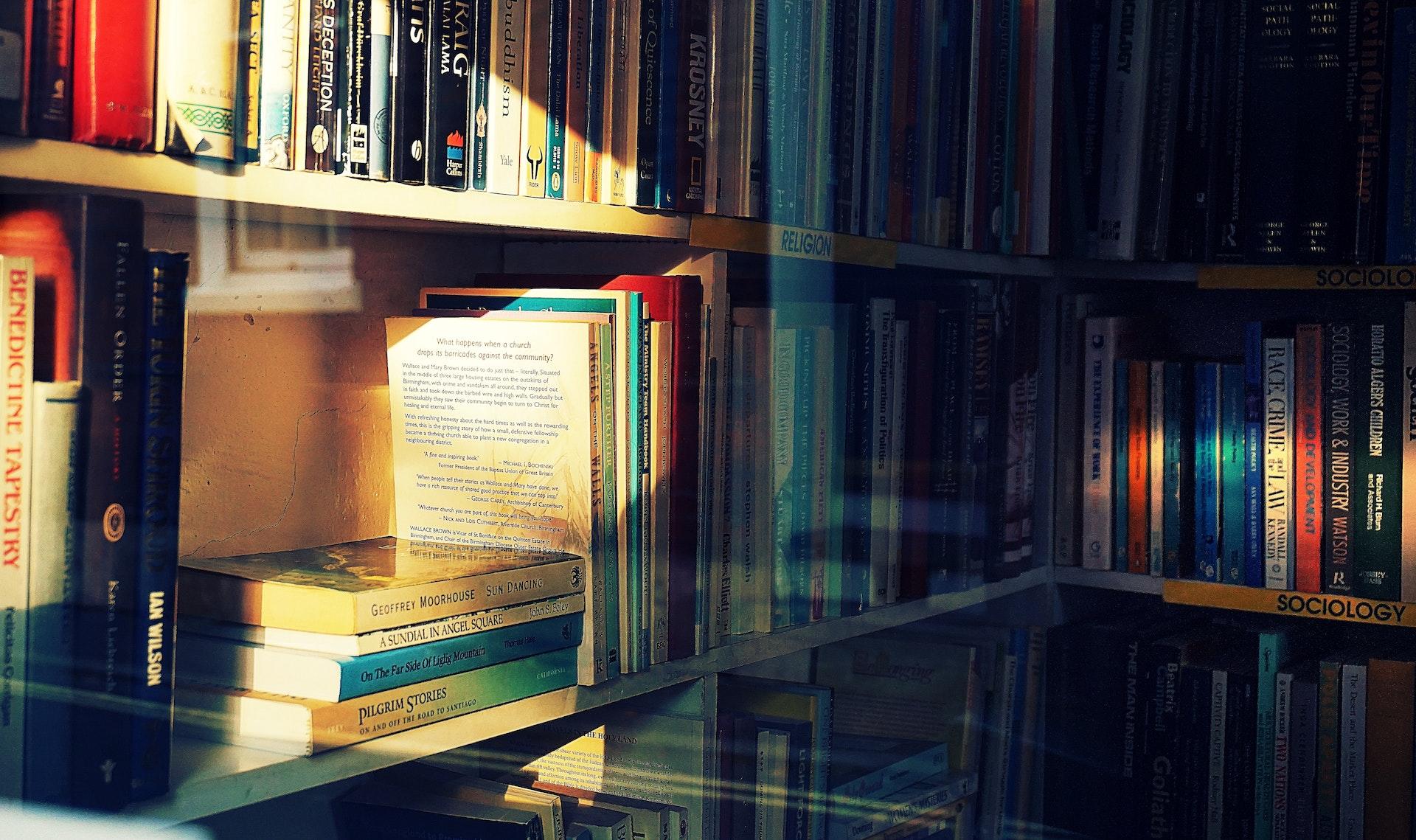prateleira de livros numa estante