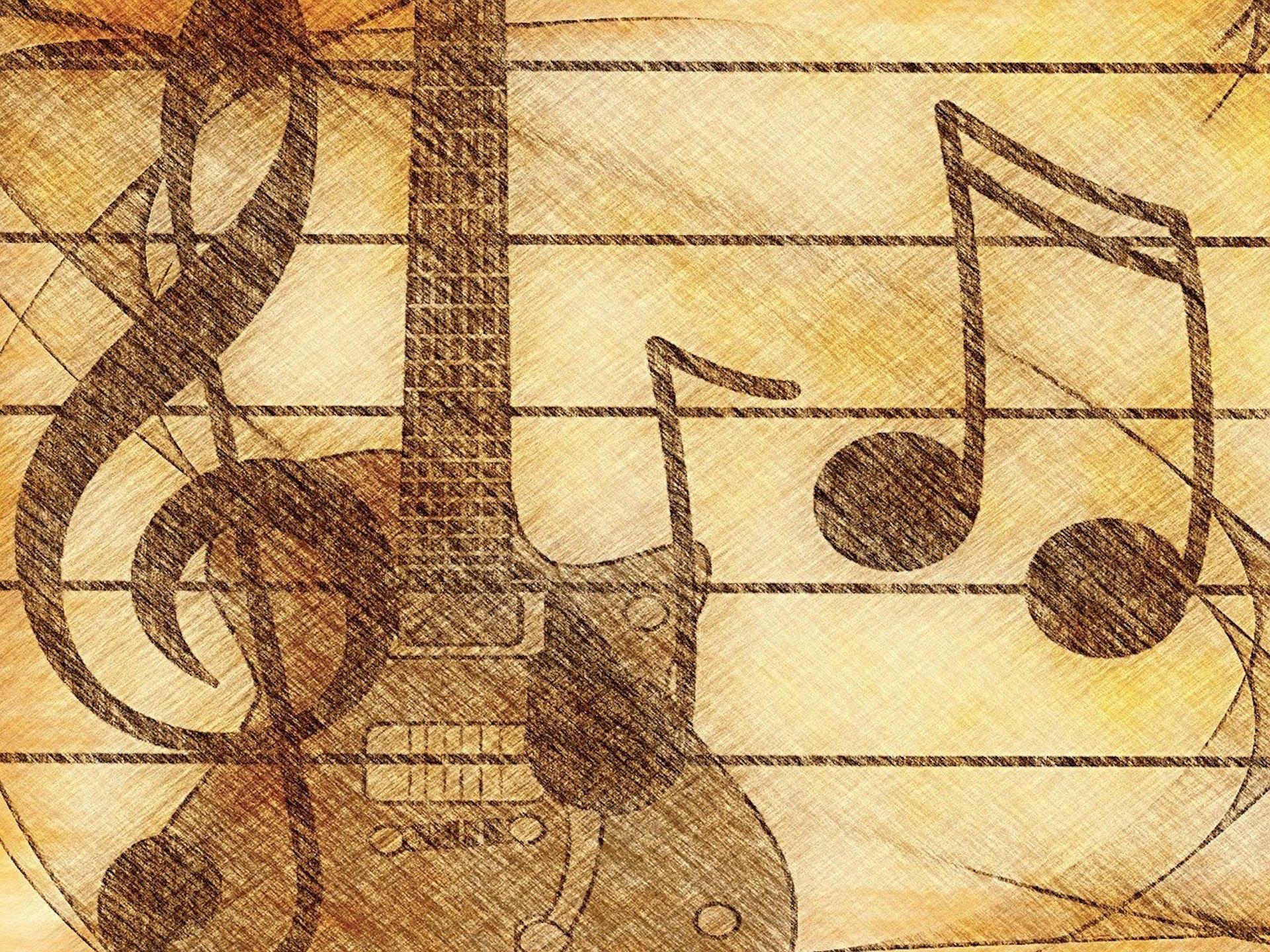 Notas musicais e guitarra desenhadas