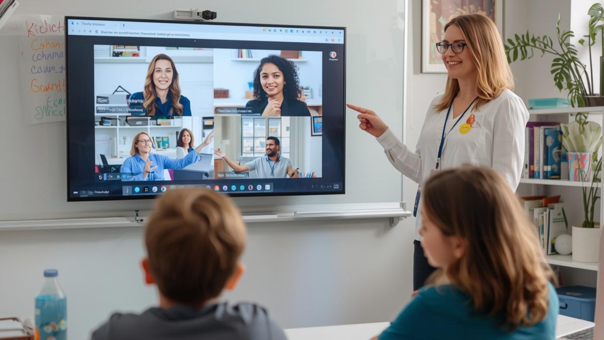professora com alunos na sala e outros onine