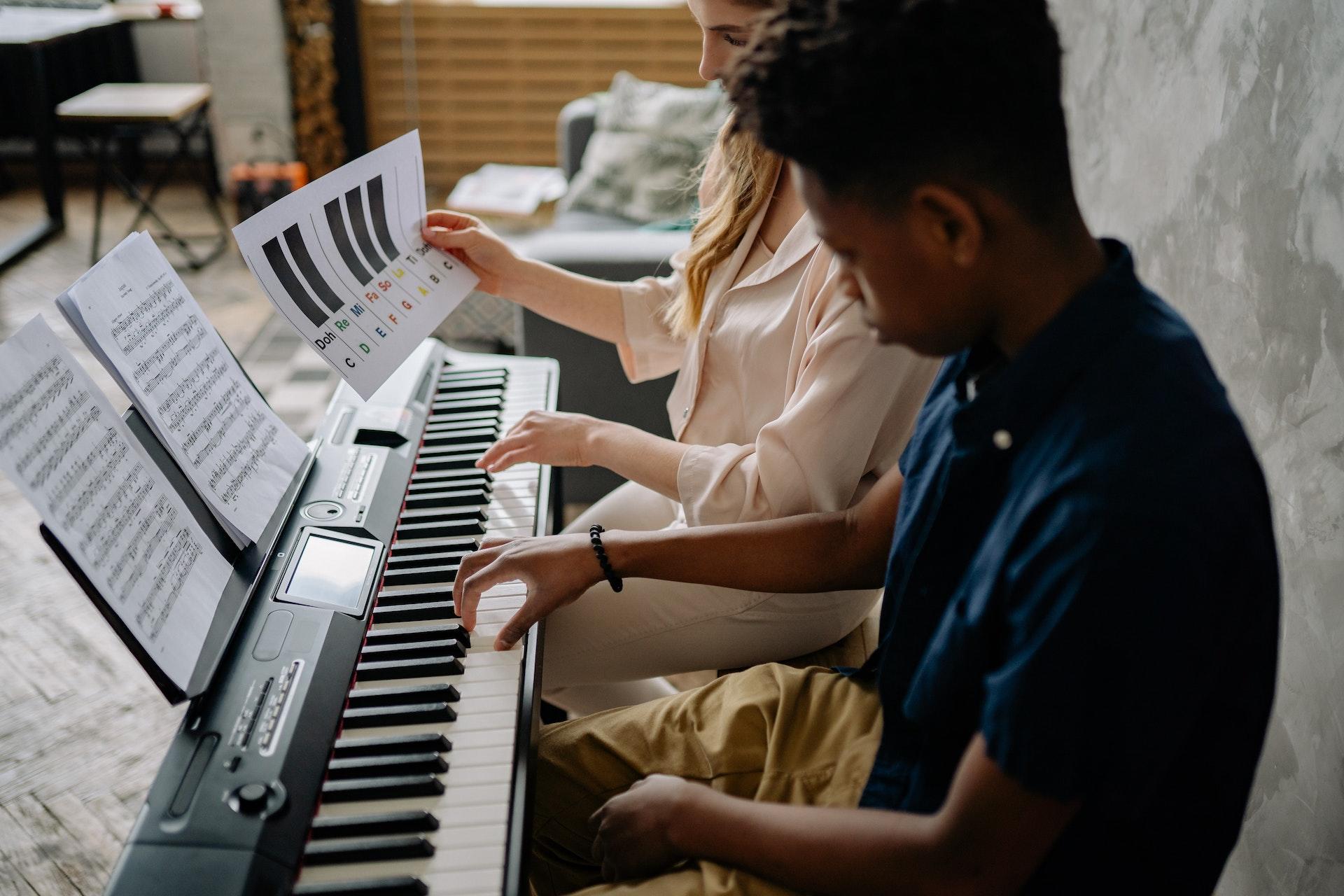 duas pessoas a tocar piano