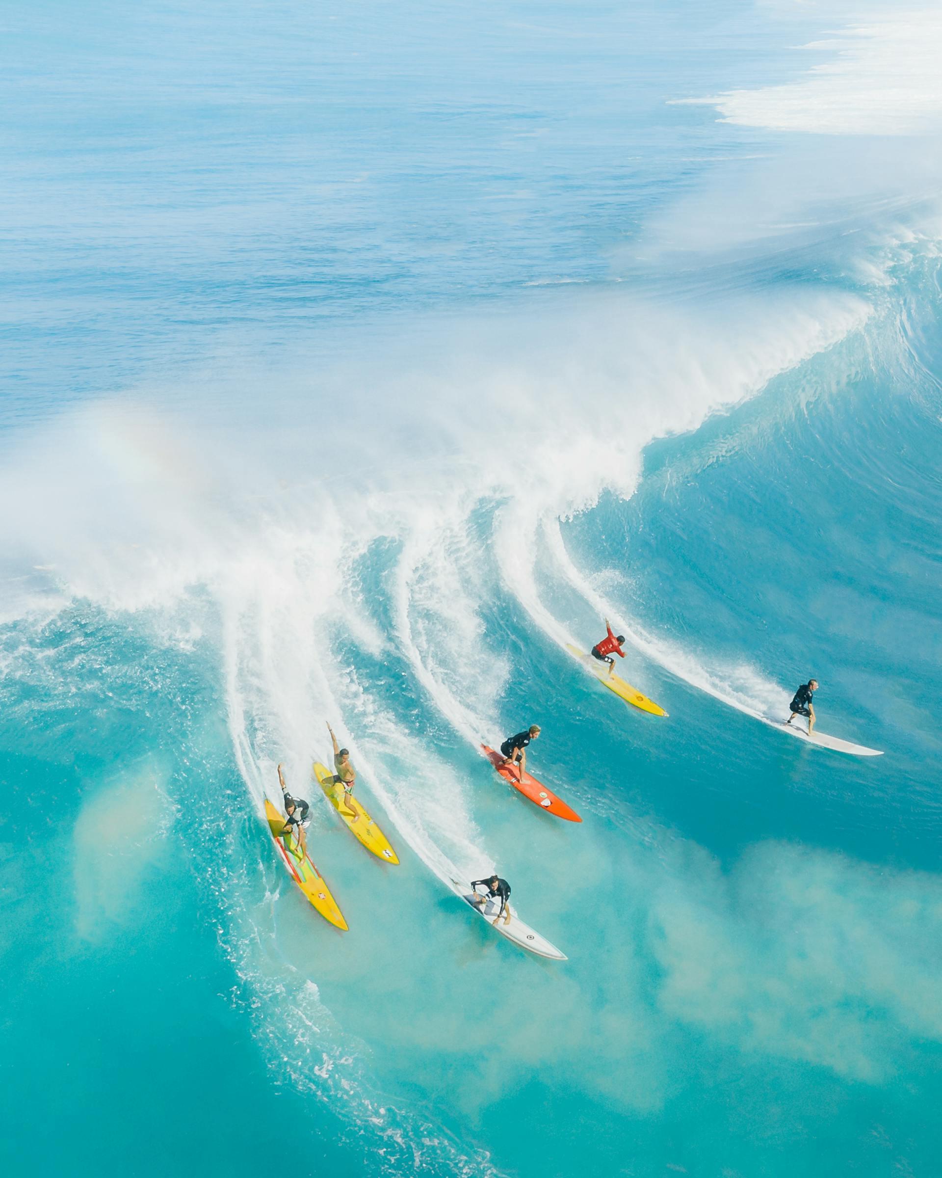 vários surfistas numa onda