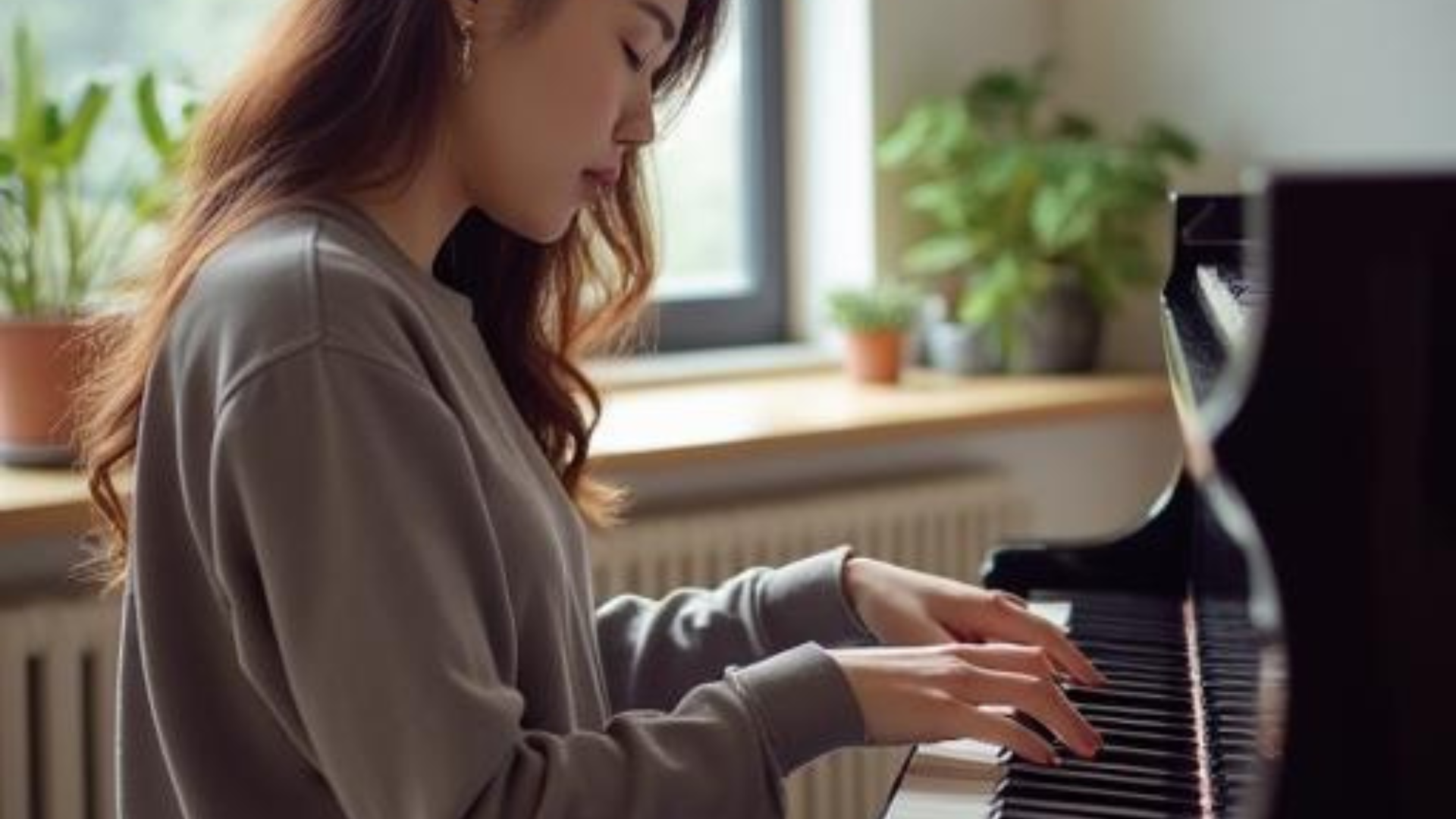 mulher asiatica a tocar piano