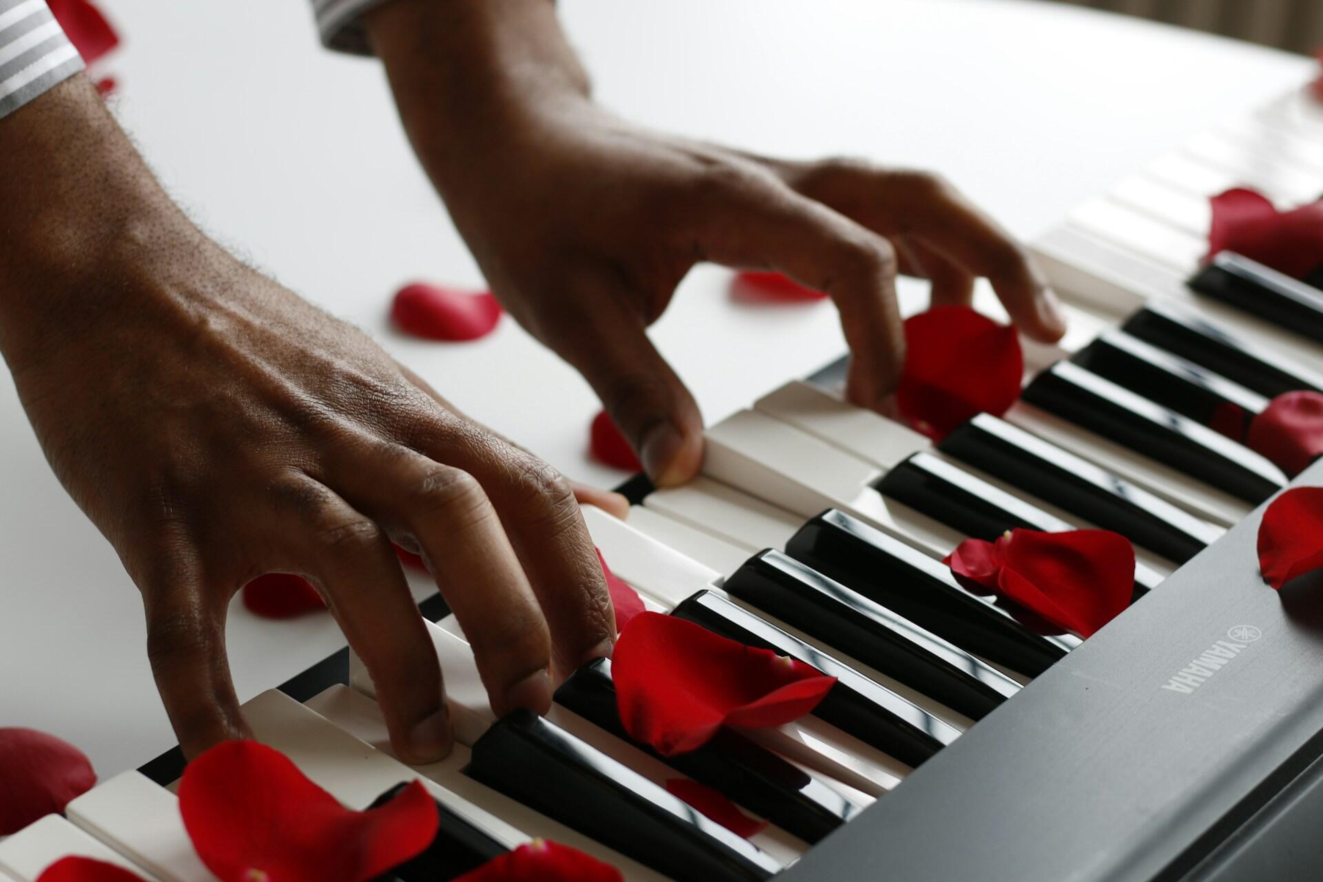 mãos a tocar piano com pétalas