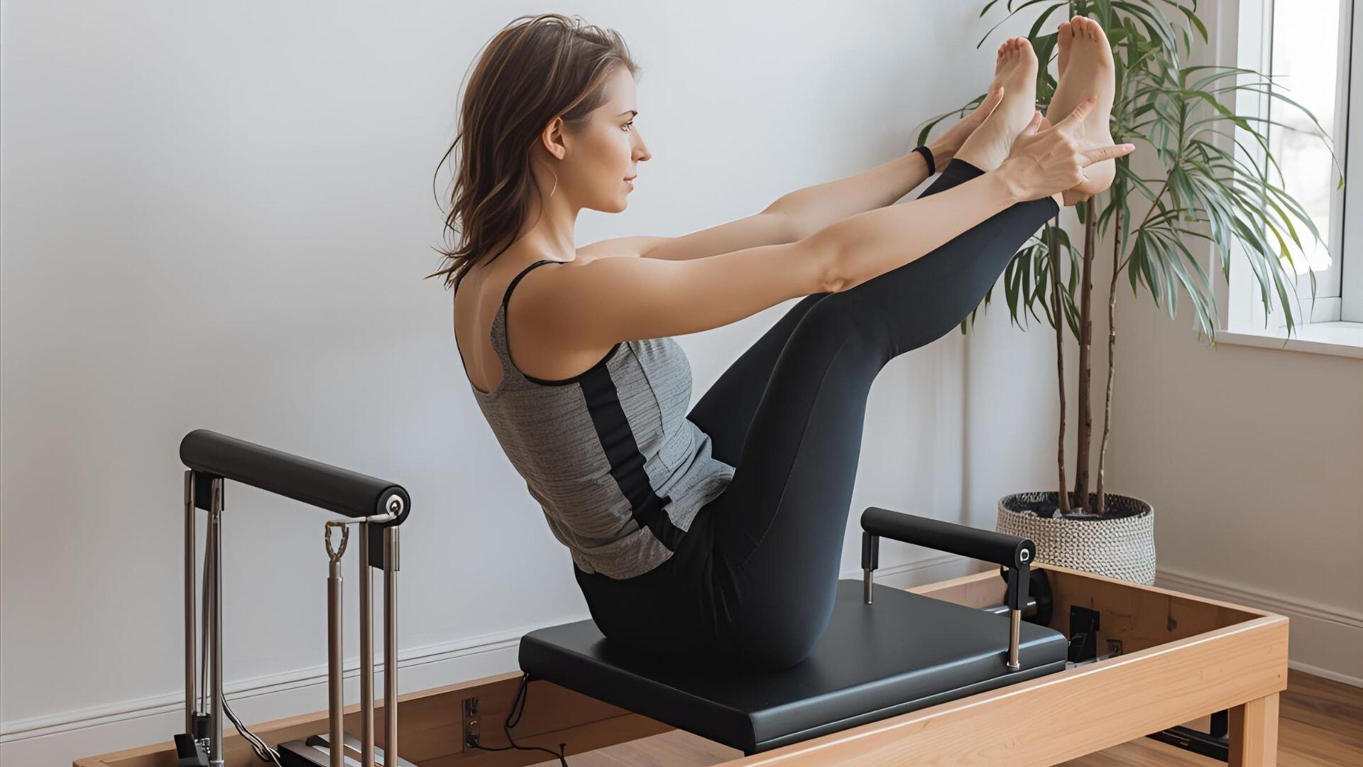 mulher a fazer uma aula de pilates com aparelhos