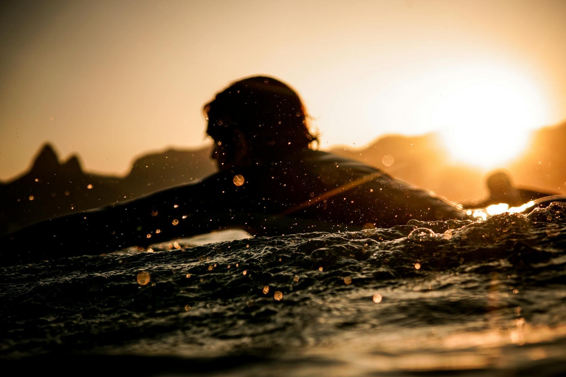 surfista a nadar ao fim do dia