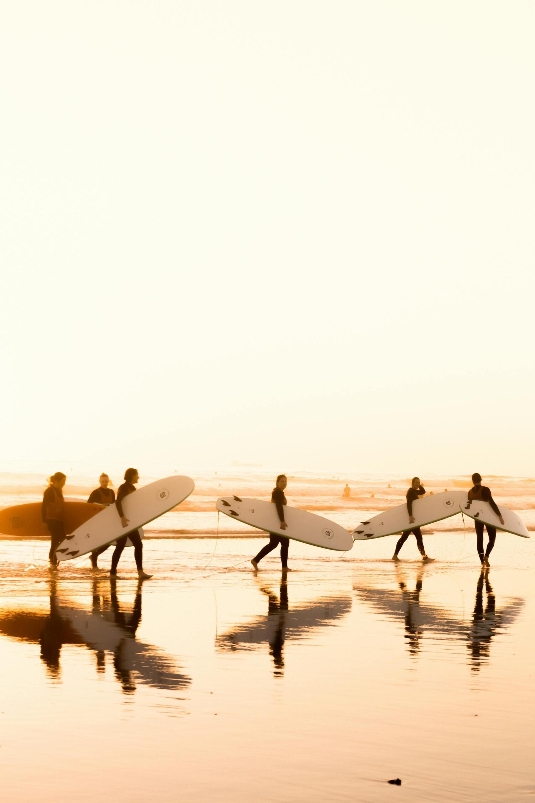 vários surfistas de prancha na praia