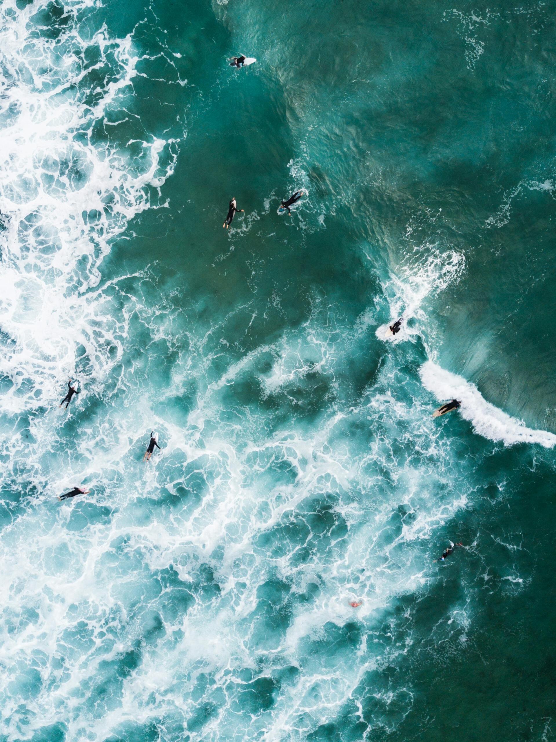 vários surfistas numa onda