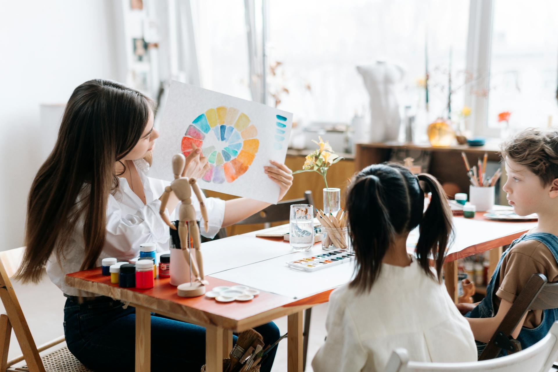 professora a mostrar folha com cores a alunas