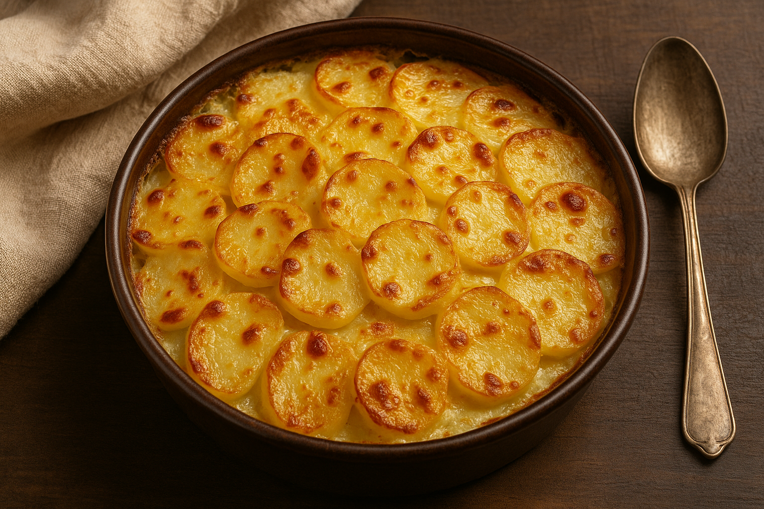 prato de batatas gratinadas e colher