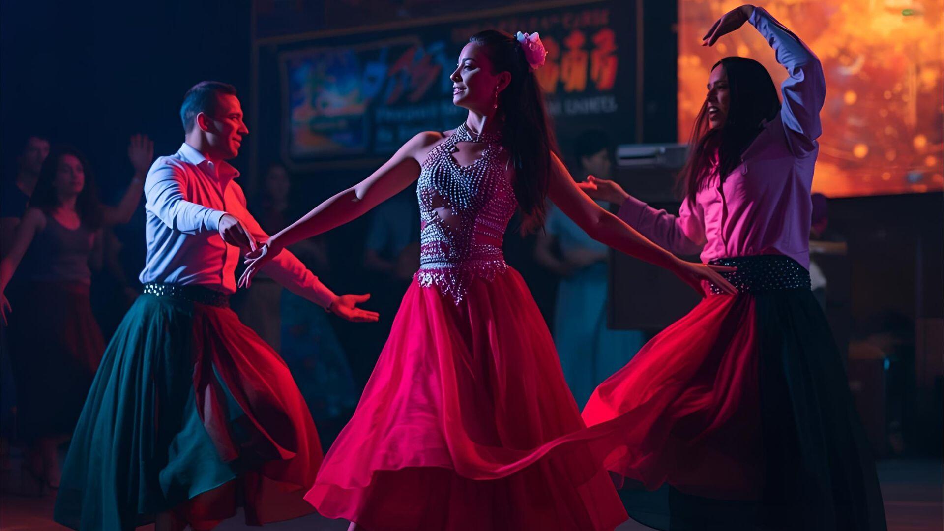 três pessoas a dançar