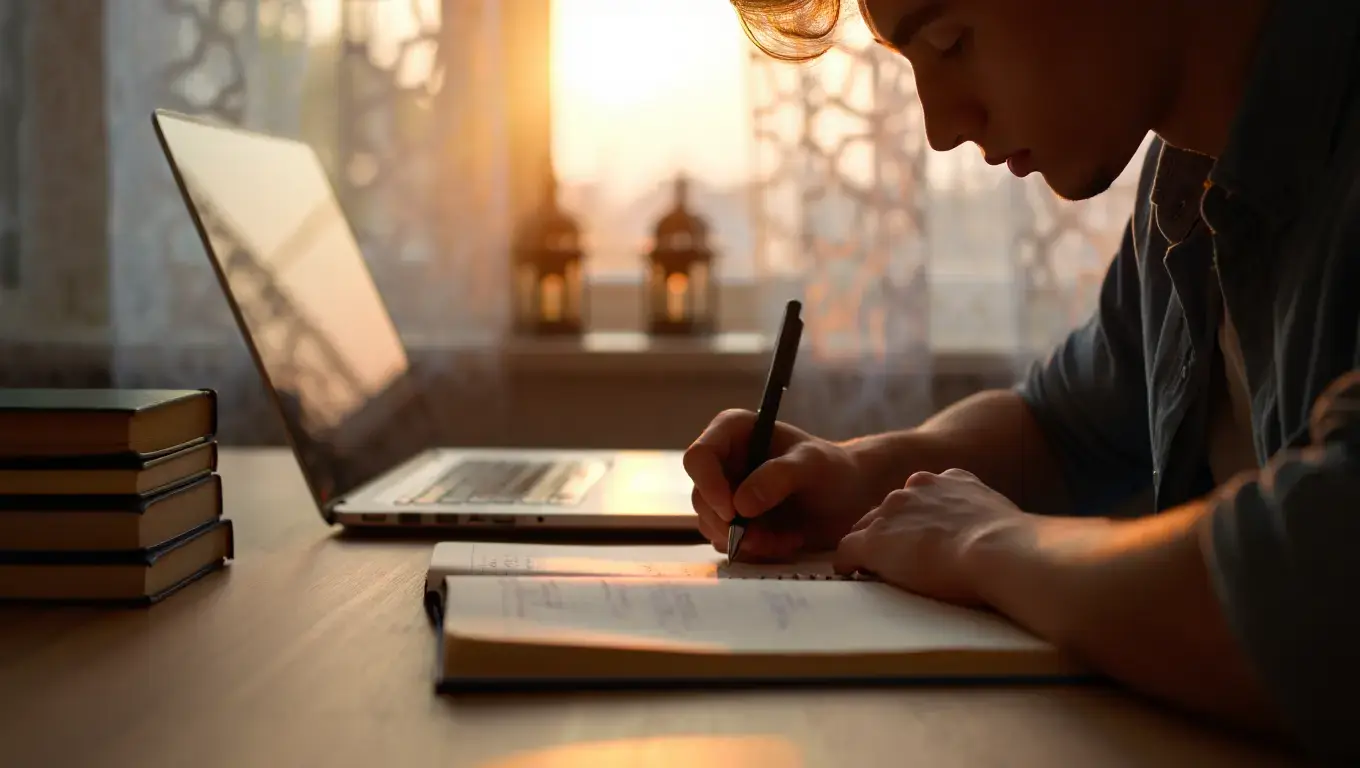 طالب يذاكر دروسه ليلاً خلال شهر رمضان في أجواء هادئة