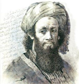 رسم فني يجسد الشاعر "حسان بن ثابت" بملابس تاريخية من عصر صدر الإسلام.