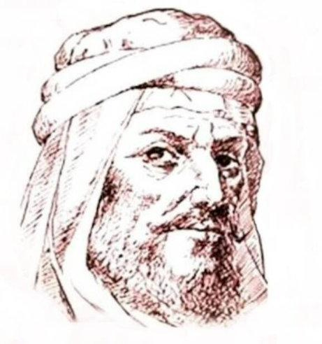 رسم تخيلي للشاعر العربي "أبو الطيب المتنبي" يظهره بملامح جادة ومهيبة مع عمامة وزي عربي تراثي.
