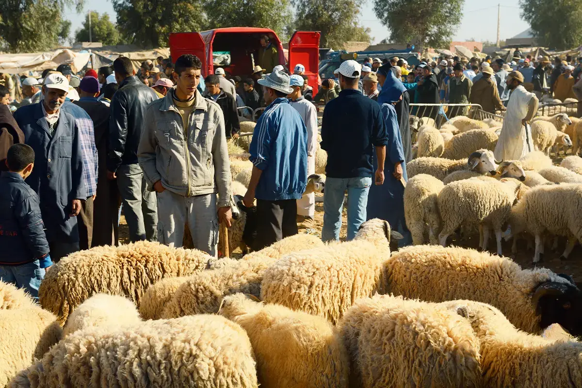 عائلات في قطر تتسوق لشراء الأضاحي استعدادًا لعيد الأضحى، مع عرض للخراف في السوق وأجواء احتفالية تقليدية تعكس عادات العيد القطرية.