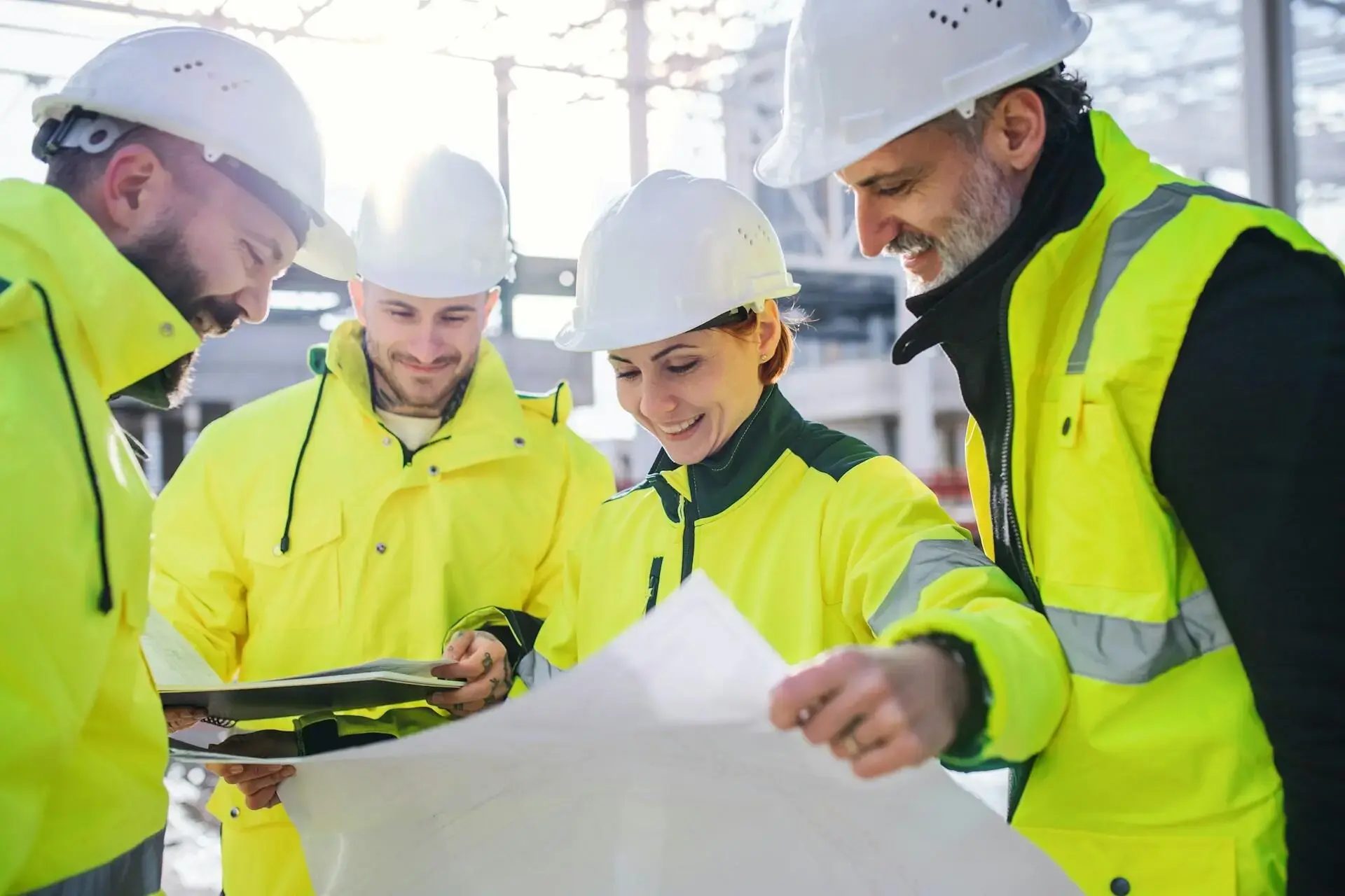 مجموعة من المهندسين المدنيين يقومون بدراسة مخطط الموقع.