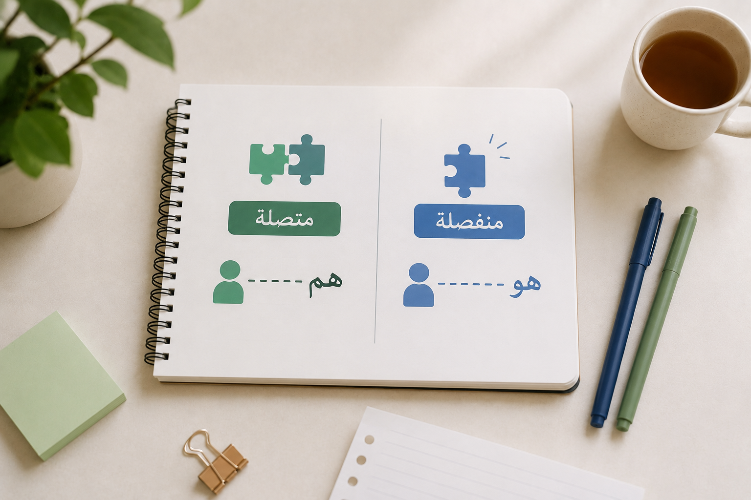 صورة تعليمية مبسطة توضّح الفرق بين الضمائر المنفصلة والمتصلة باستخدام رموز القطع المتصلة والمنفصلة.