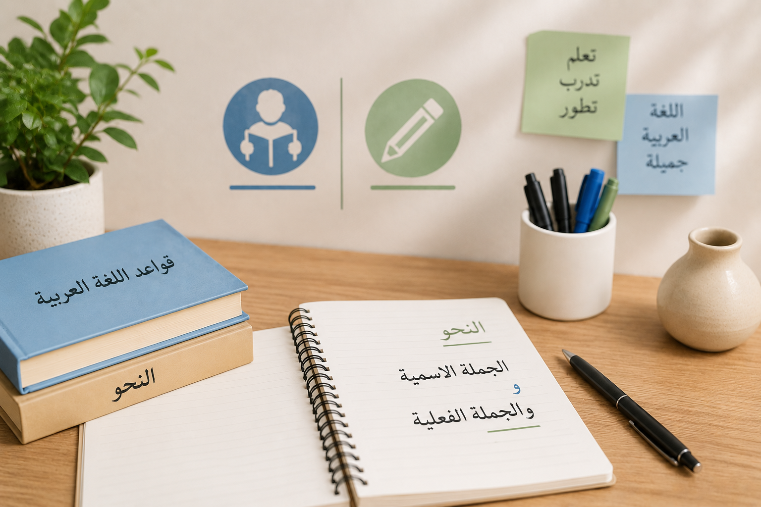 صورة تعليمية توضّح الفرق بين الجملة الاسمية والجملة الفعلية في اللغة العربية مع أمثلة مبسطة.