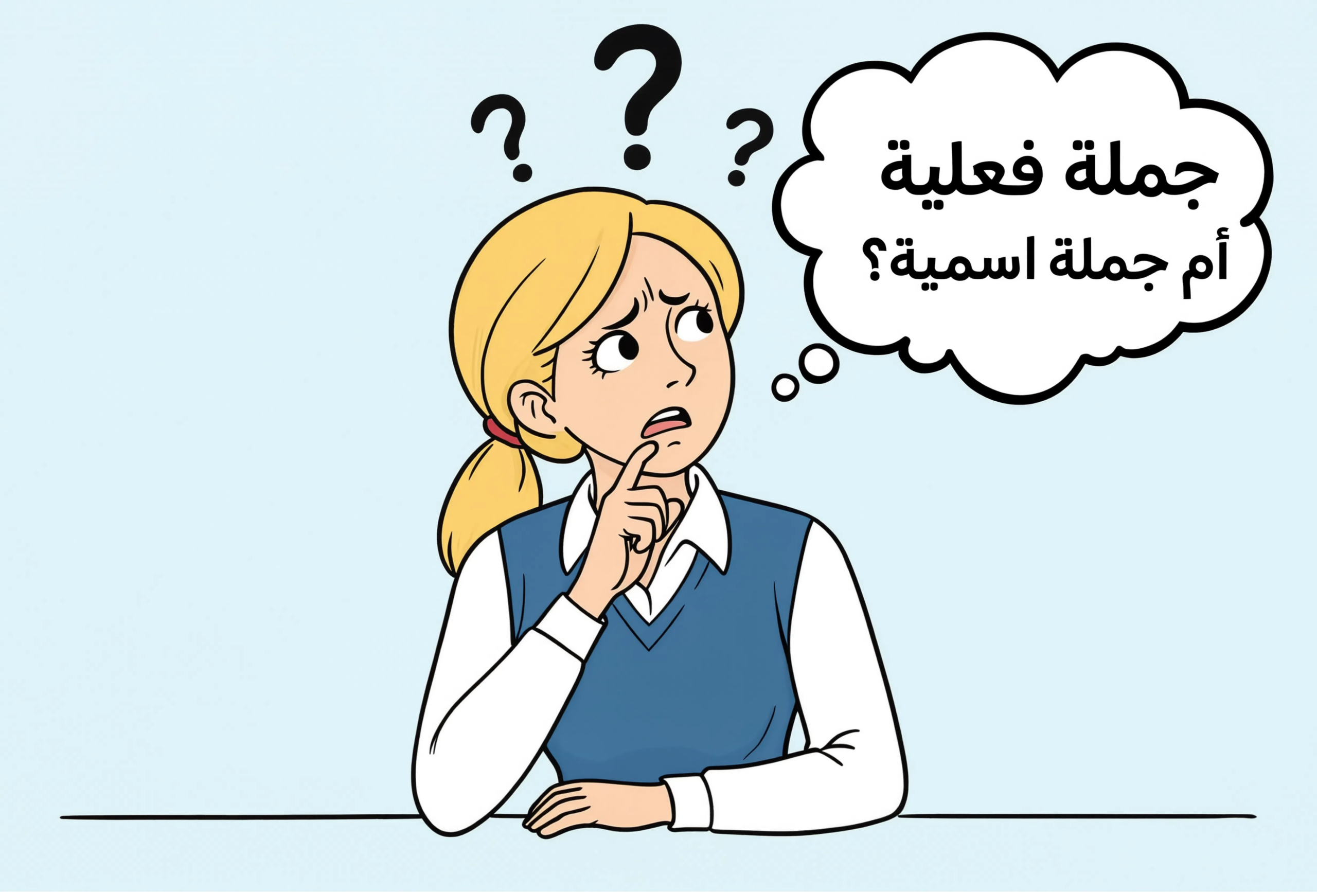 صورة لفتاة تفكر بحيرة تحيط، ومكتوب في فقاعة تفكيرها العبارة: