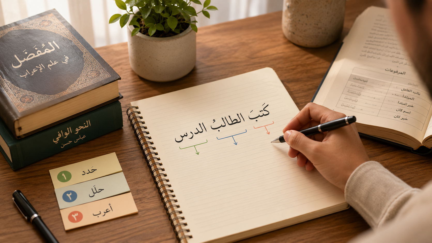 طالب يطبّق خطوات إعراب جملة عربية في دفتر ملاحظات باستخدام الأقلام والكتب النحوية.