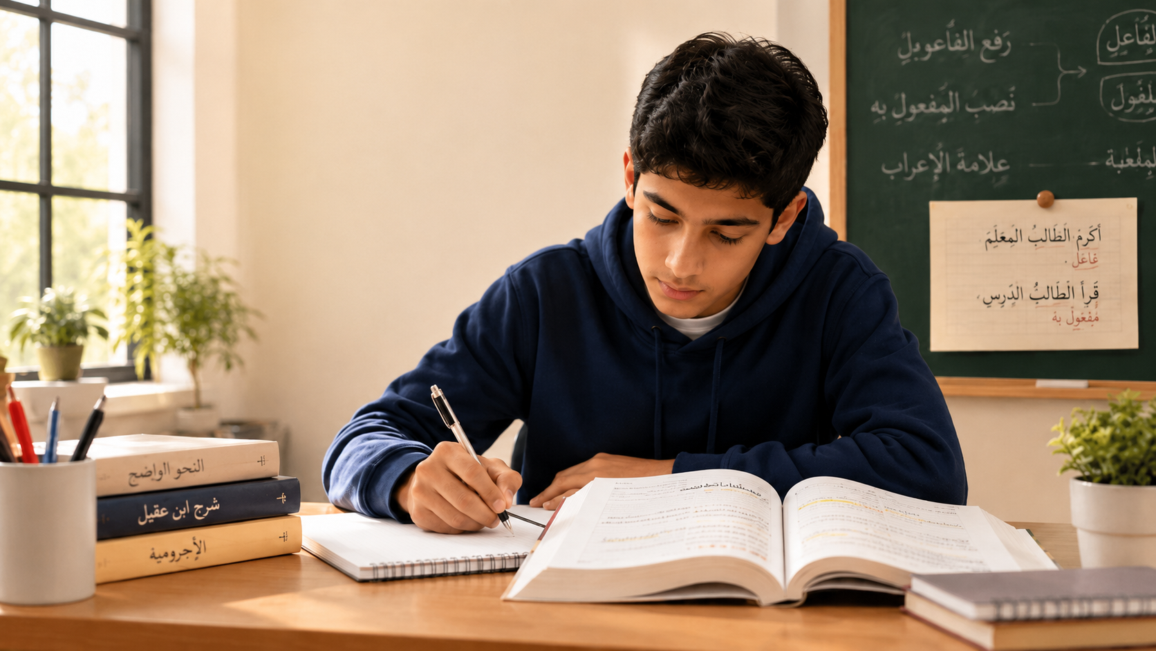 طالب يدرس قواعد اللغة العربية ويكتب ملاحظات عن الفاعل والمفعول به.