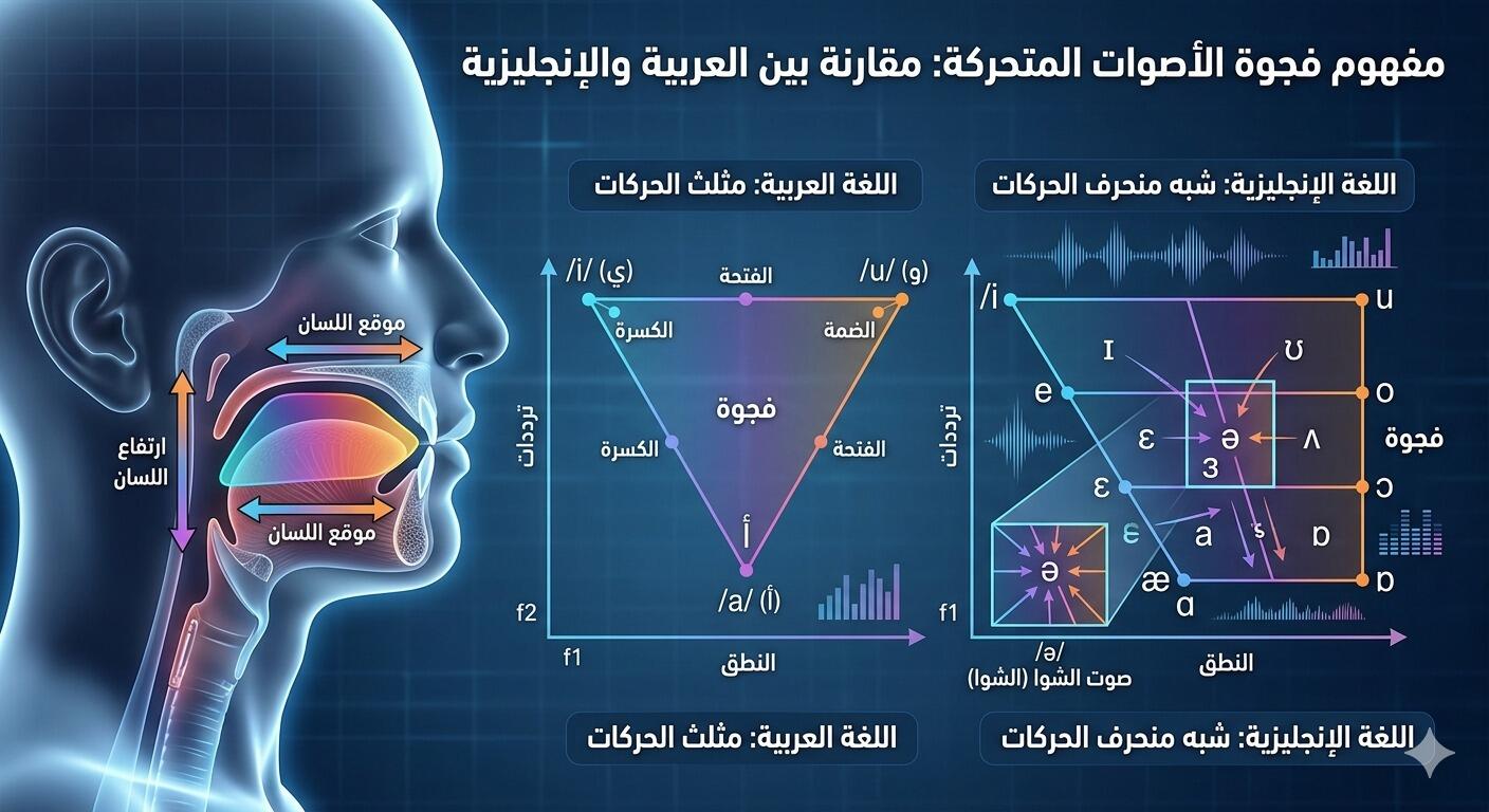 مقارنة مرئية توضح كيف تختلف المساحة الصوتية داخل الفم بين اللغتين العربية والإنجليزية.