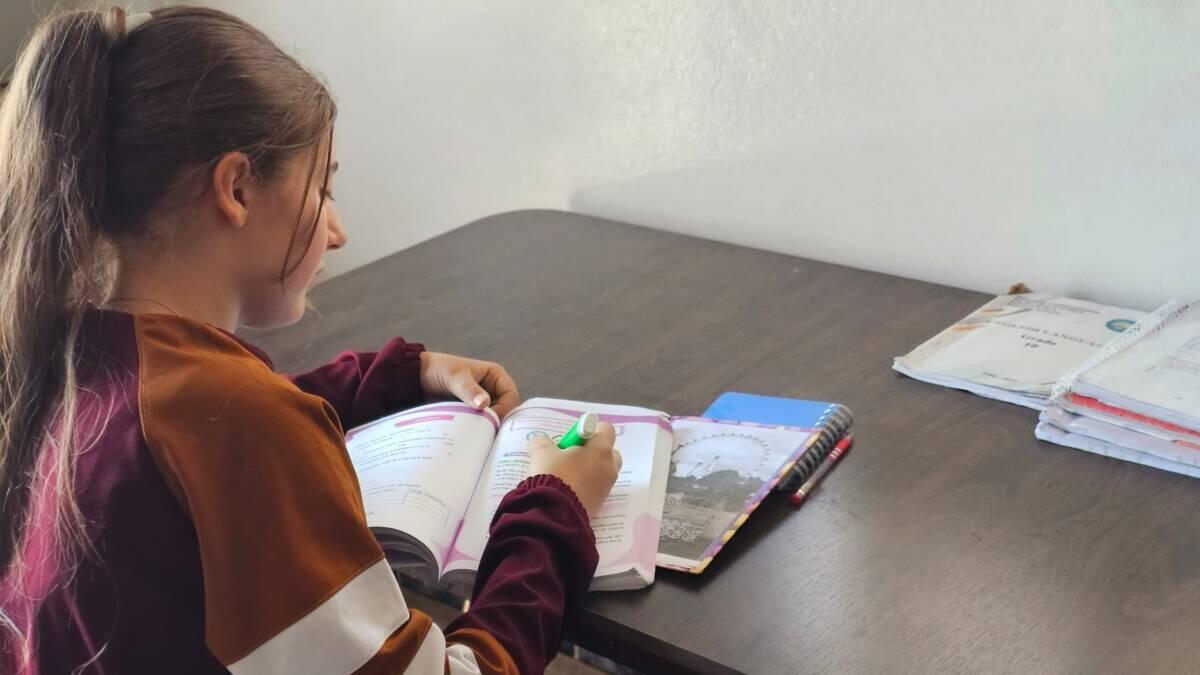 طالبة تجلس إلى طاولة، وتقوم بتحضير دروسها، وتبدو مستعدة لأخذ دروس خصوصية.